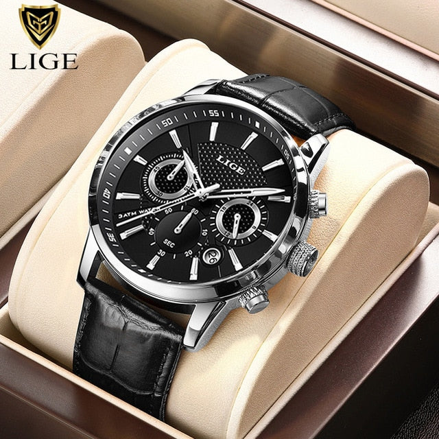 Mens Watches LIGE Top Brand Luxury Leather Casual Quartz Watch Men&#39;s Sport Waterproof Clock Watch Relogio Masculino+Box