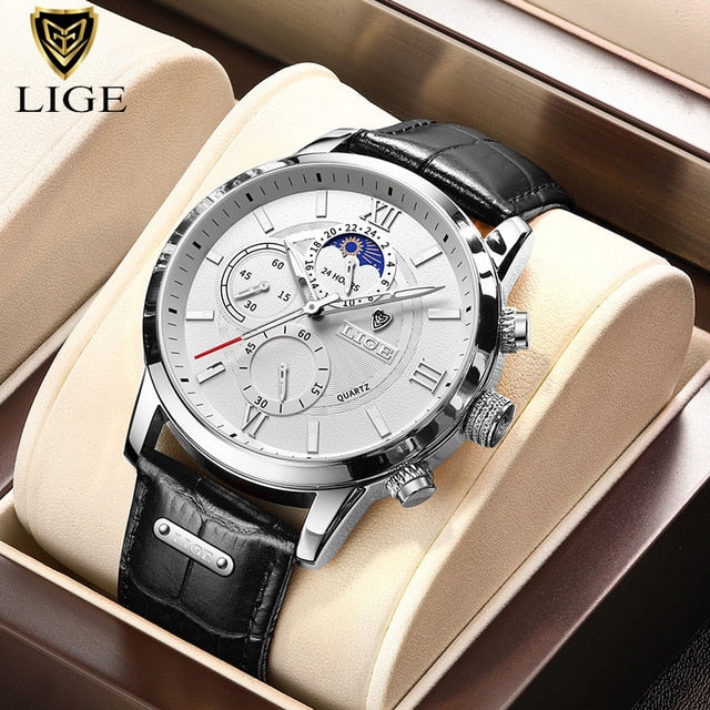 Mens Watches LIGE Top Brand Luxury Leather Casual Quartz Watch Men&#39;s Sport Waterproof Clock Watch Relogio Masculino+Box