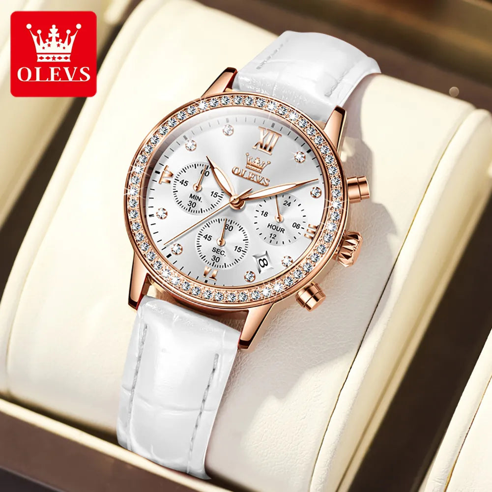 OLEVS Diamond Dial Quartz Watch for Women Elegant Leather Strap Ladies Dress Wrist Watches Bracelet Necklace Gift Sets For Girls