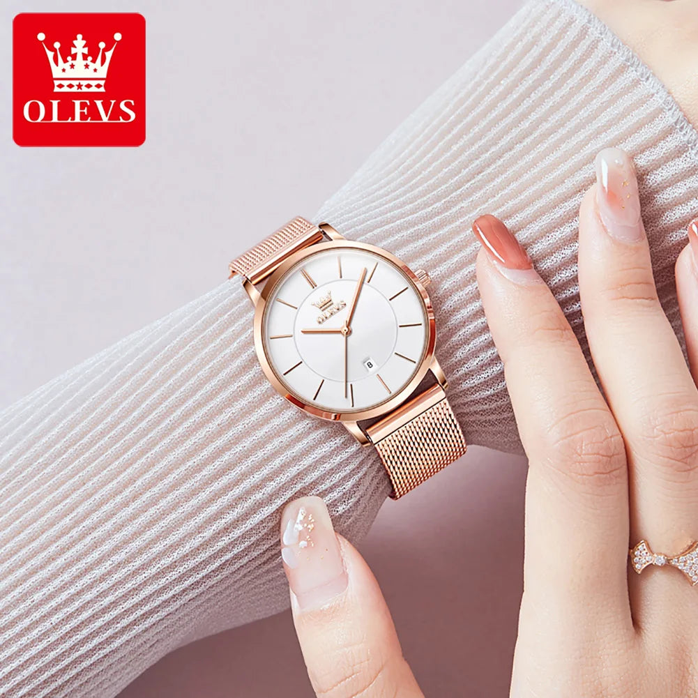 OLEVS 6.5mm Ultra Thin Watches for Women Rose Gold Stainless Steel Waterproof Ladies Wristwatches Big Face Quartz Watch Gift Box