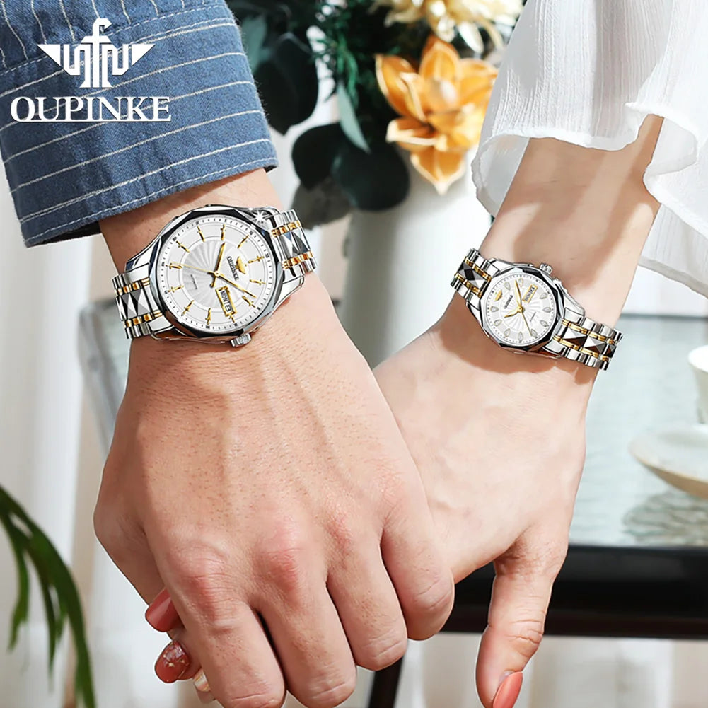 OUPINKE Luxury Automatic Mechanical Couple Watches for Men Women Tungsten Steel Brand Lover's Wristwatch His or Hers Watch Set