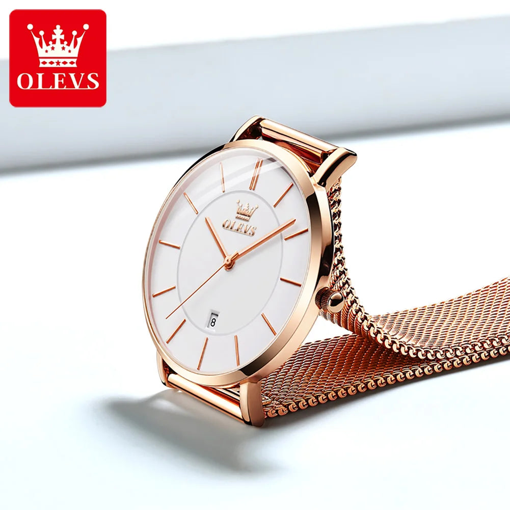 OLEVS 6.5mm Ultra Thin Watches for Women Rose Gold Stainless Steel Waterproof Ladies Wristwatches Big Face Quartz Watch Gift Box