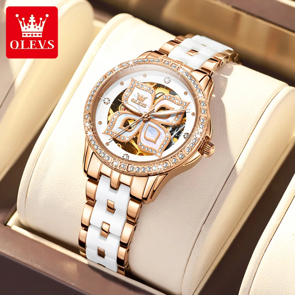 OLEVS Elegant Ceramics Strap Automatic Mechanical Watch for Women Luxury Top Brand Ladies Wristwatch Bracelet Necklace Gift Sets