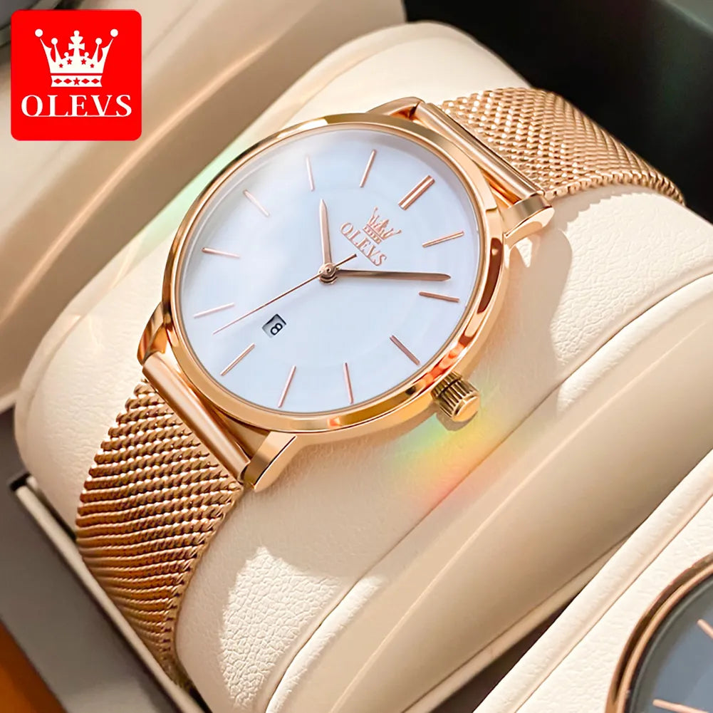 OLEVS 6.5mm Ultra Thin Watches for Women Rose Gold Stainless Steel Waterproof Ladies Wristwatches Big Face Quartz Watch Gift Box