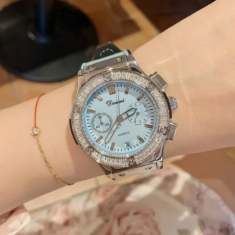 Exquisite Girl Gift Large Disc Ladies Clock Luxury Silicone Bands Casual Fashion Diamond Quartz Watches Womens Automatic Watch