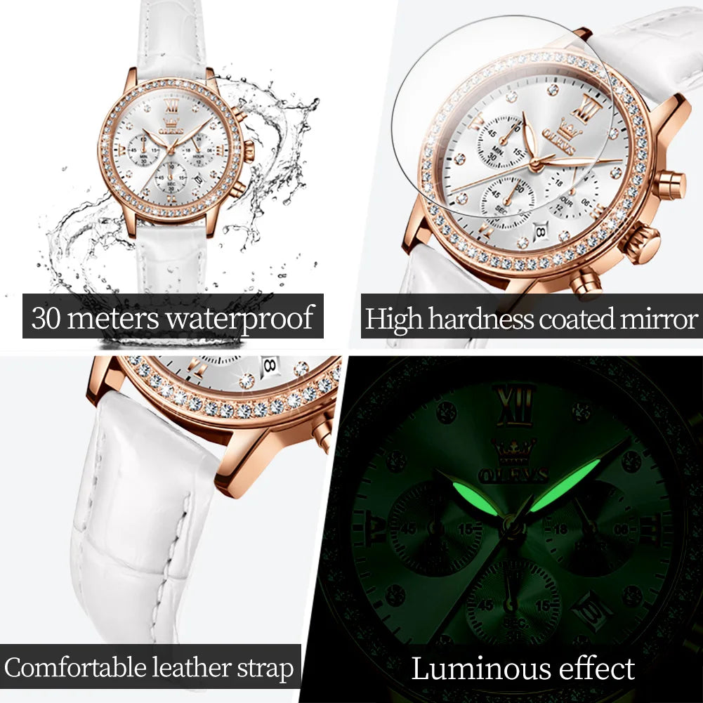 OLEVS Diamond Dial Quartz Watch for Women Elegant Leather Strap Ladies Dress Wrist Watches Bracelet Necklace Gift Sets For Girls