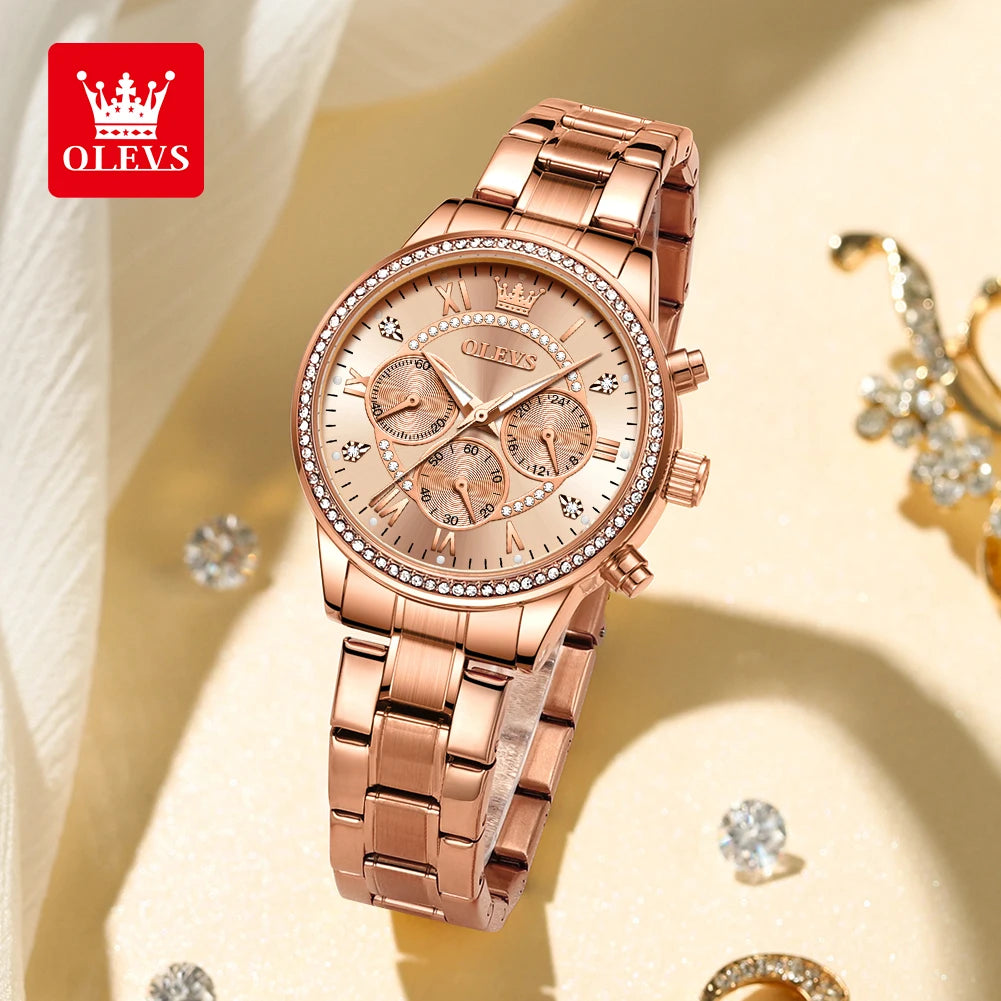 OLEVS Women's Watch Fashion Elegant Rose Gold Quartz Watch for Women Classic Three Small Dials Chronograph Waterproof Watch 2023