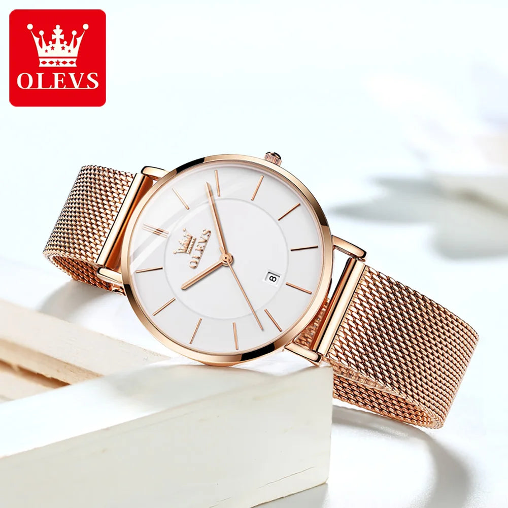 OLEVS 6.5mm Ultra Thin Watches for Women Rose Gold Stainless Steel Waterproof Ladies Wristwatches Big Face Quartz Watch Gift Box