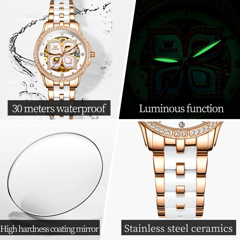 OLEVS Elegant Ceramics Strap Automatic Mechanical Watch for Women Luxury Top Brand Ladies Wristwatch Bracelet Necklace Gift Sets