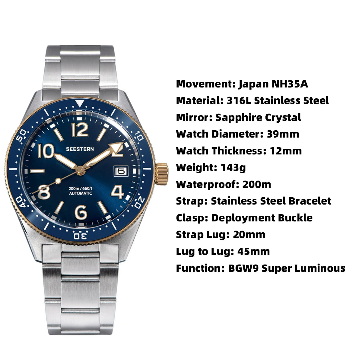 SEESTERN S434 Diving Watch of Men NH35 Automatic Movement 200M Waterproof Mechanical Wristwatches Luminous Sapphire Skeleton V2