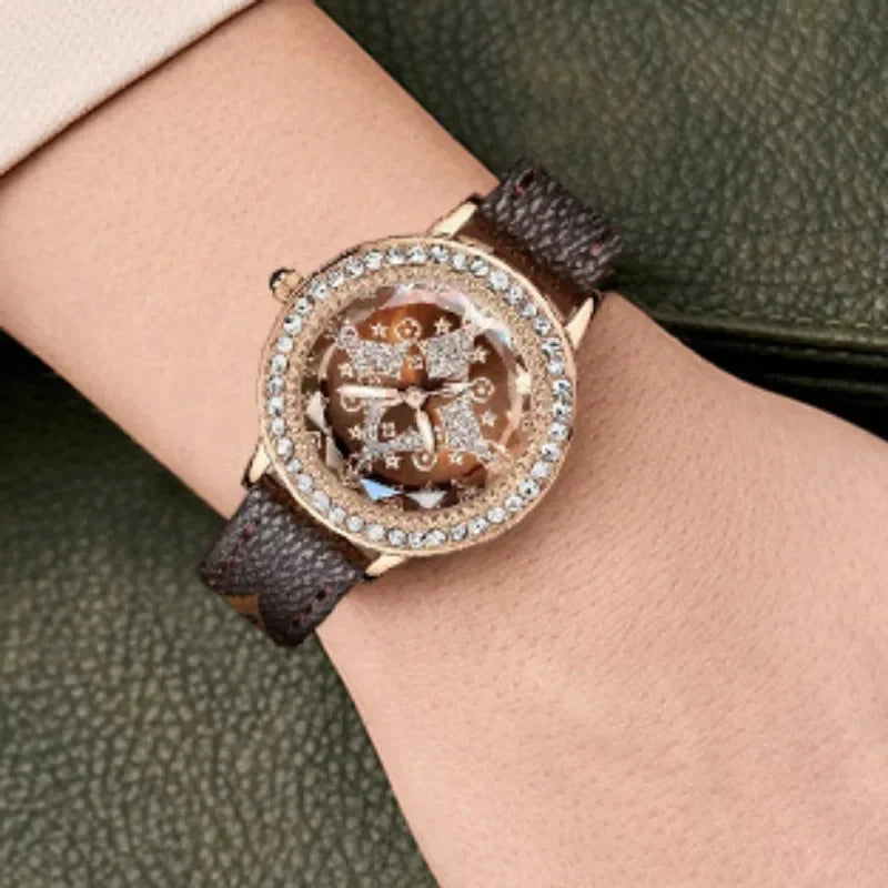Exquisite Women Watch Luxury Diamond Quartz Watch Fashion Lucky Star Lady Clock 3 Bar Waterproof Genuine Leather Bands Relojes
