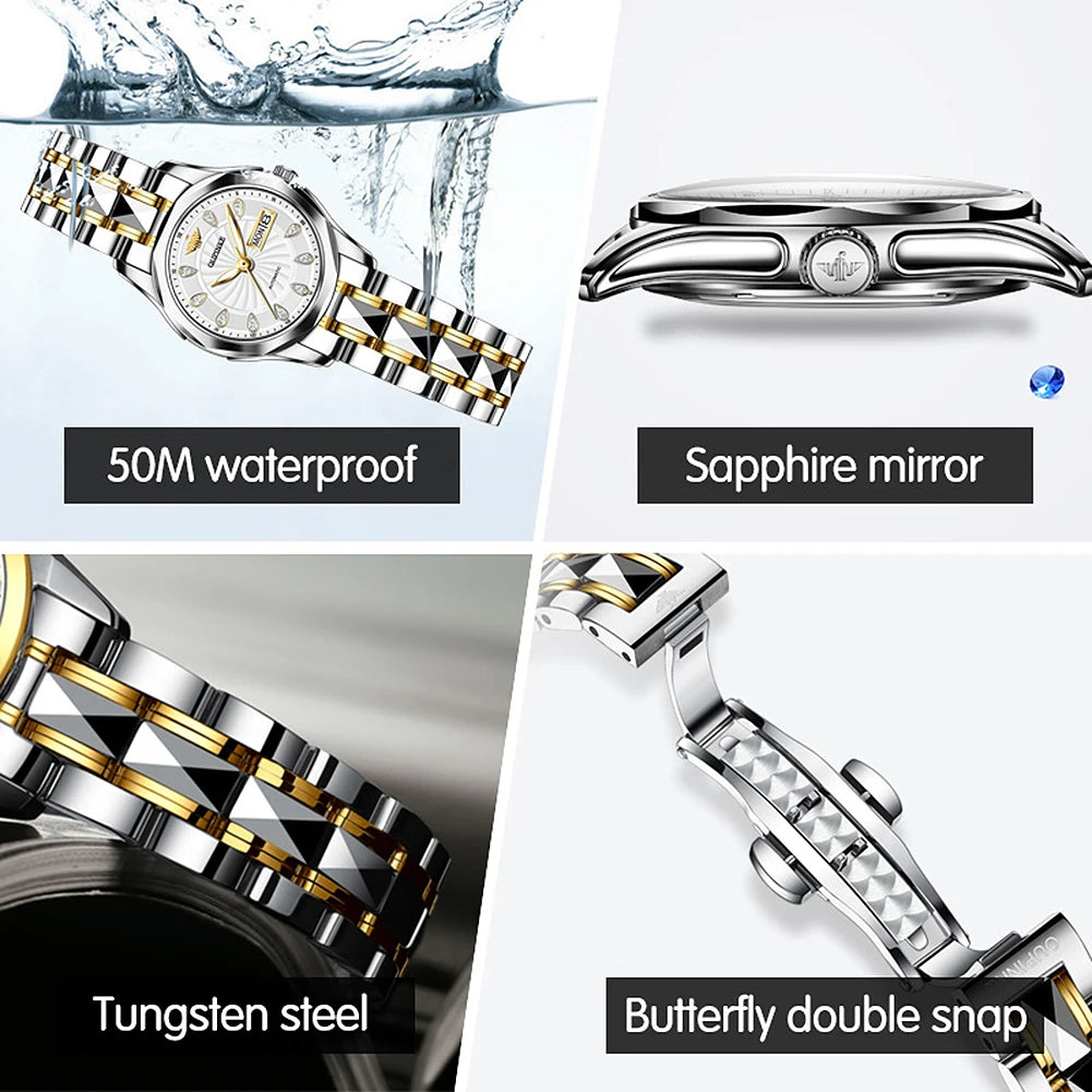 OUPINKE Luxury Automatic Mechanical Couple Watches for Men Women Tungsten Steel Brand Lover's Wristwatch His or Hers Watch Set