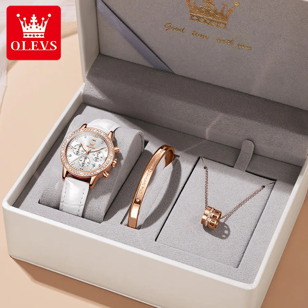 OLEVS Diamond Dial Quartz Watch for Women Elegant Leather Strap Ladies Dress Wrist Watches Bracelet Necklace Gift Sets For Girls