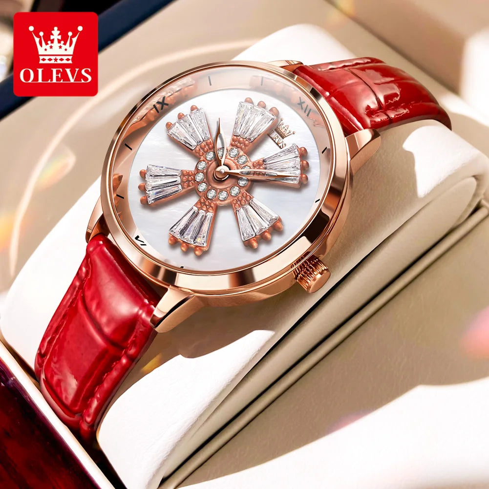 OLEVS New In Rotation Dial Quartz Watch for Women Leather Strap Fashion Elegant Women's Wristwatch Luxury Ladies Dress Watch Set