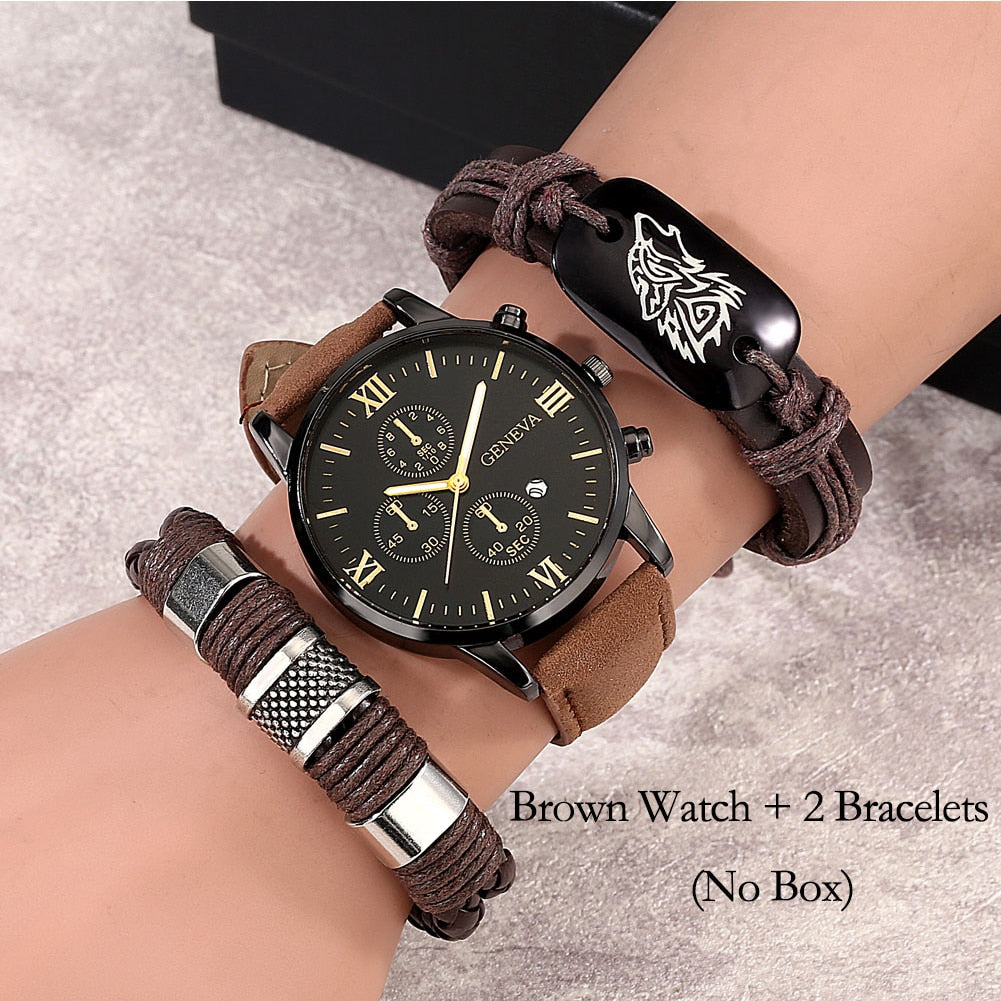Personality Men's Watch Bracelets Gift Set Luxury Leather Quartz Date Watches with Box for Boyfriend Gifts Idea for Father's Day