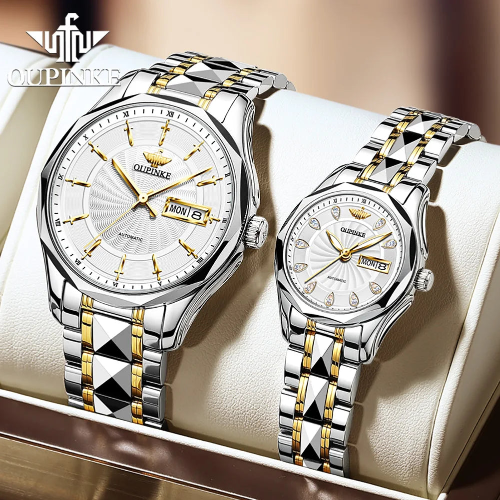 OUPINKE Luxury Automatic Mechanical Couple Watches for Men Women Tungsten Steel Brand Lover's Wristwatch His or Hers Watch Set