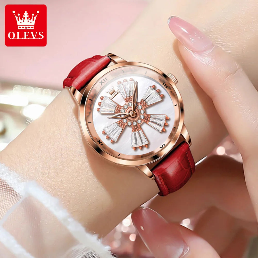 OLEVS New In Rotation Dial Quartz Watch for Women Leather Strap Fashion Elegant Women's Wristwatch Luxury Ladies Dress Watch Set