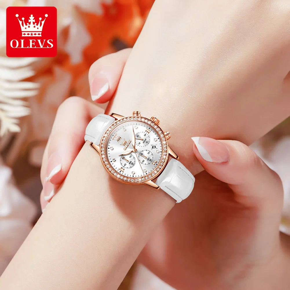 OLEVS Diamond Dial Quartz Watch for Women Elegant Leather Strap Ladies Dress Wrist Watches Bracelet Necklace Gift Sets For Girls