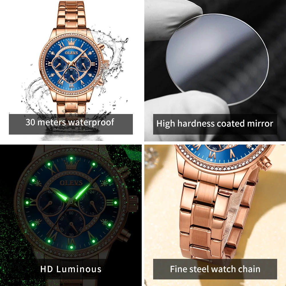 OLEVS Women's Watch Fashion Elegant Rose Gold Quartz Watch for Women Classic Three Small Dials Chronograph Waterproof Watch 2023