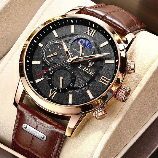 Mens Watches LIGE Top Brand Luxury Leather Casual Quartz Watch Men&#39;s Sport Waterproof Clock Watch Relogio Masculino+Box