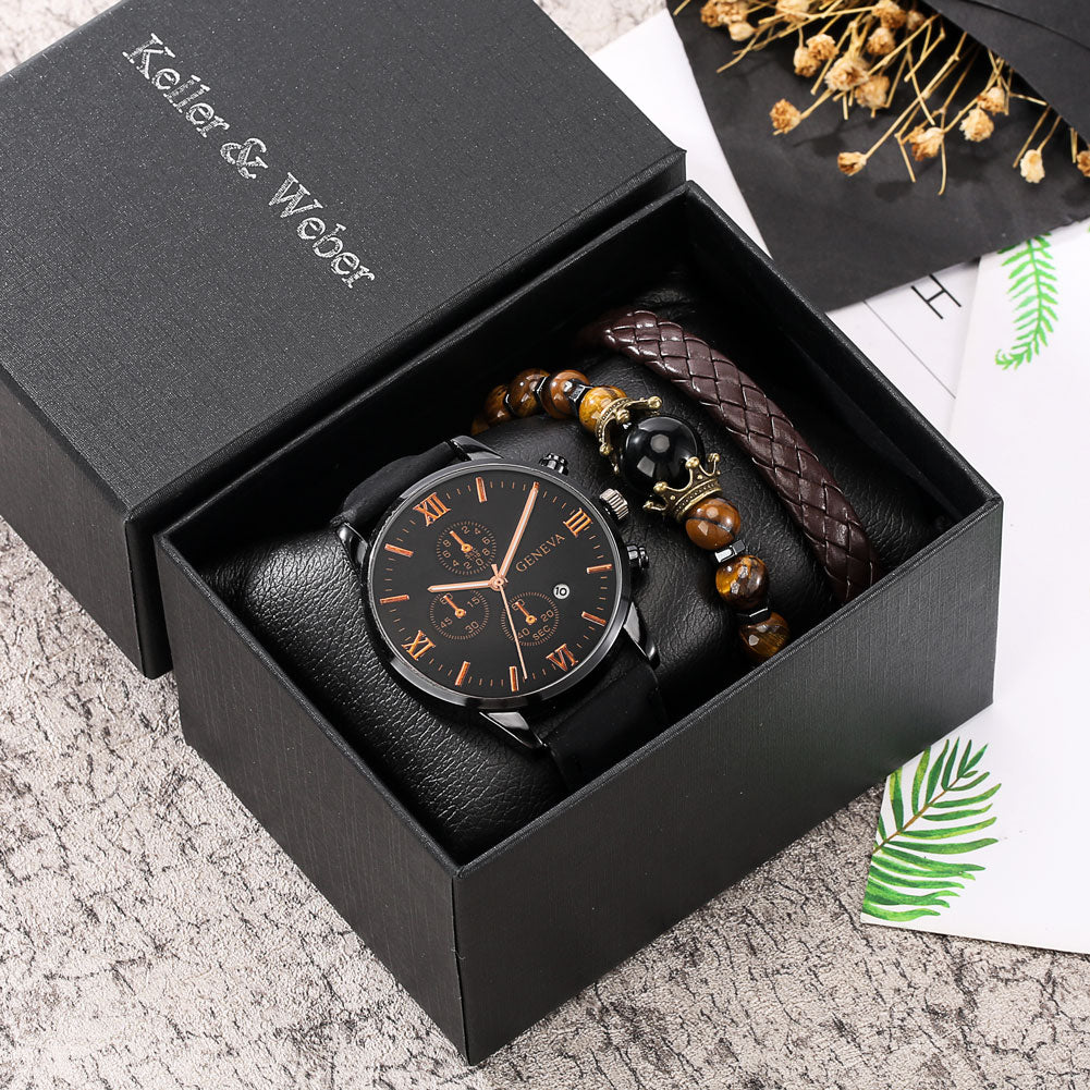 Personality Men's Watch Bracelets Gift Set Luxury Leather Quartz Date Watches with Box for Boyfriend Gifts Idea for Father's Day